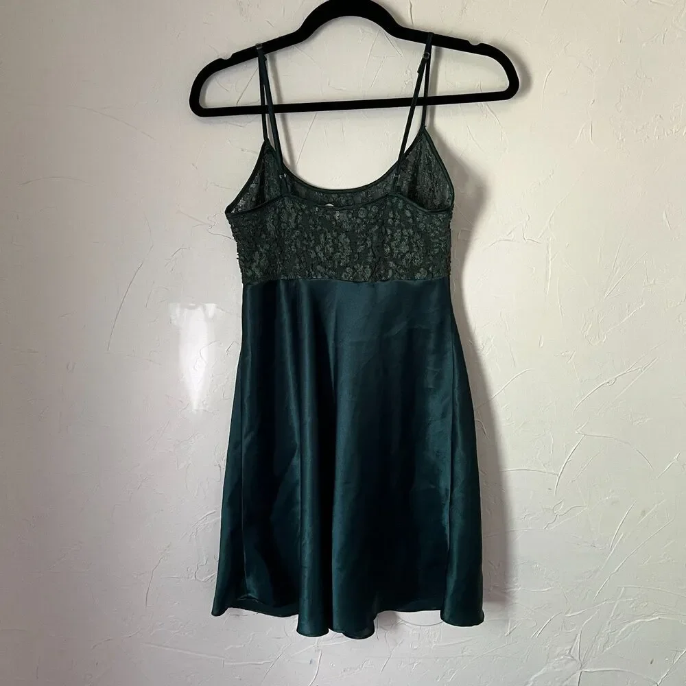 Vintage Victoria's Secret Dark Green Satin Lace Slip Dress Gold Label Size Small