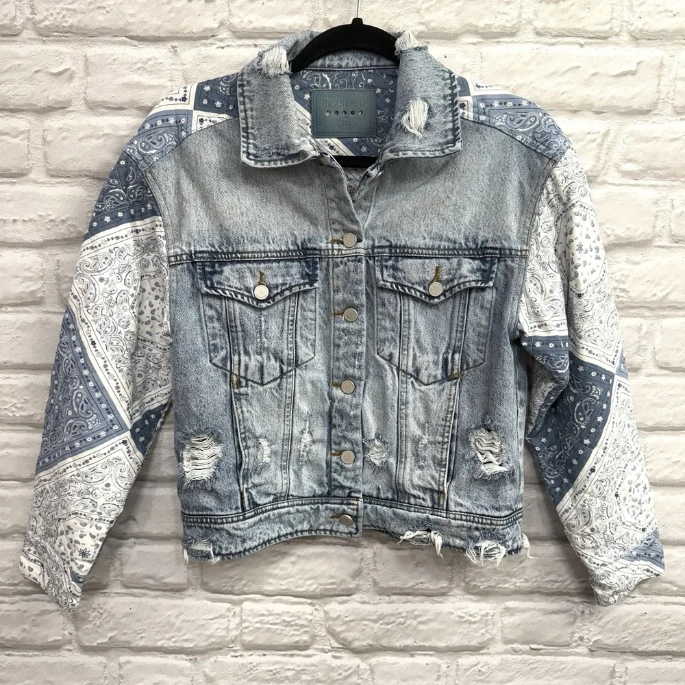 BlankNYC Anthropology Ladies Distressed Denim Blue Jean Jacket Size XS Patchwork