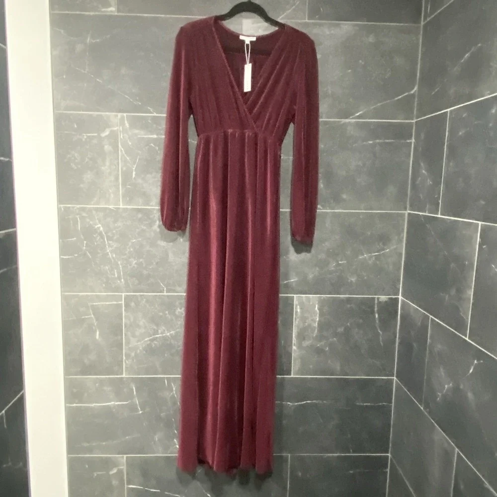 Baltic Born Venus‎ Maxi Dress Maroon Pleated Long Sleeve Small NWT Romantic