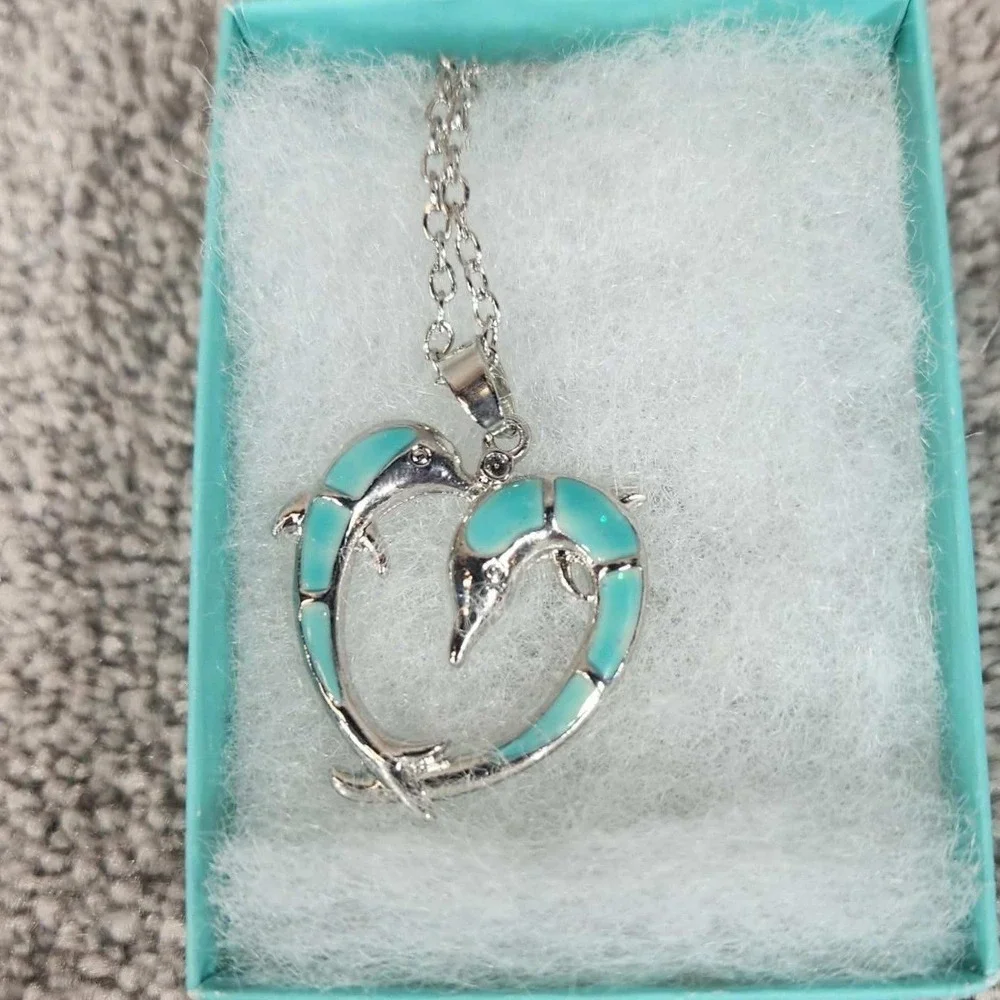 Dolphin Necklace Turquoise‎ Blue Enamel Heart Pendant Silver Tone 22in