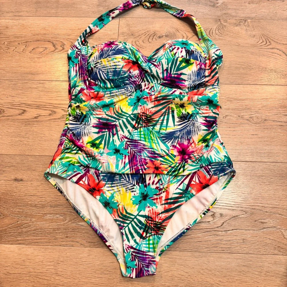 Catalina Swim Size 16-18 XLarge Tropical Floral Print Halter One Piece Swimsuit‎