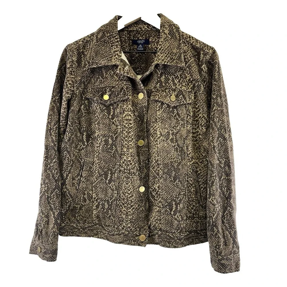 Chaps Snakeskin Python Denim Jacket Brown Button Stretch Flap‎ Pockets Womens 1X
