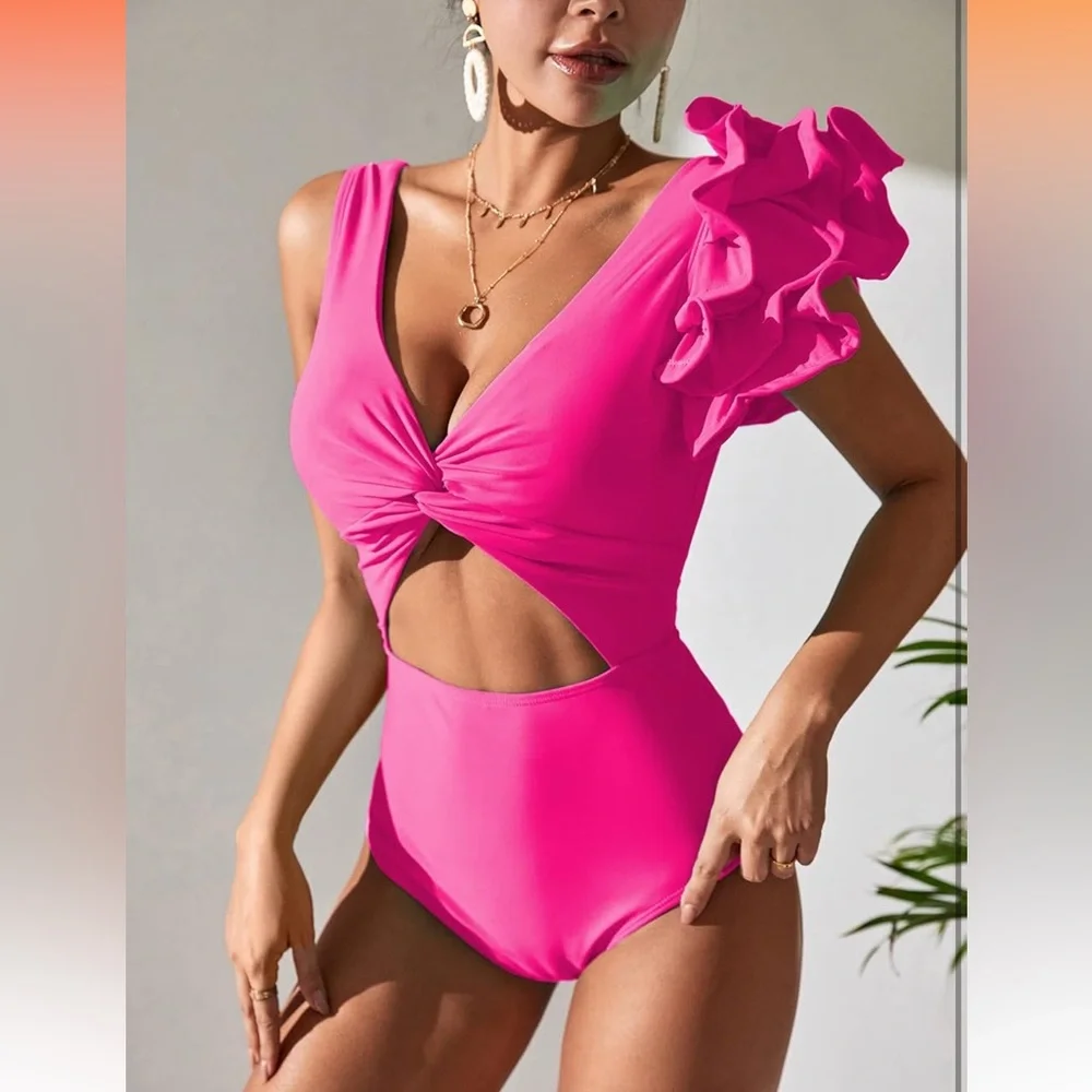 Barbie Hot Pink Ruffled Cut-Out Plunging Swimsuit