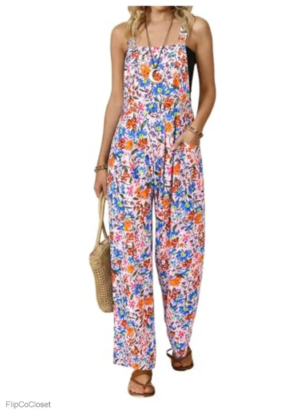 Women's Boho Floral Print Loose Wide Leg Jumpsuit with Pockets