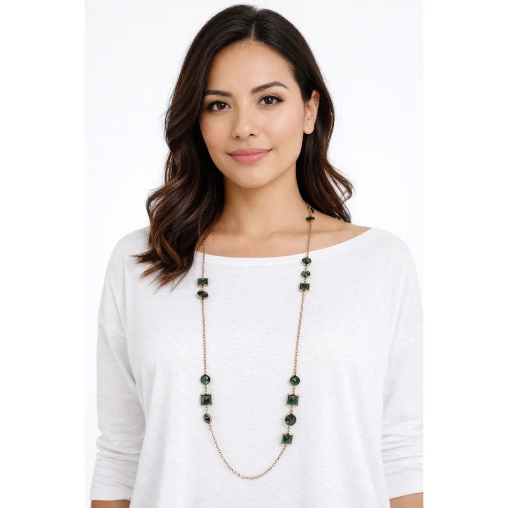 J.Crew Long Necklace‎ Gold Tone Emerald Green Geometric Resin Stones 103-37