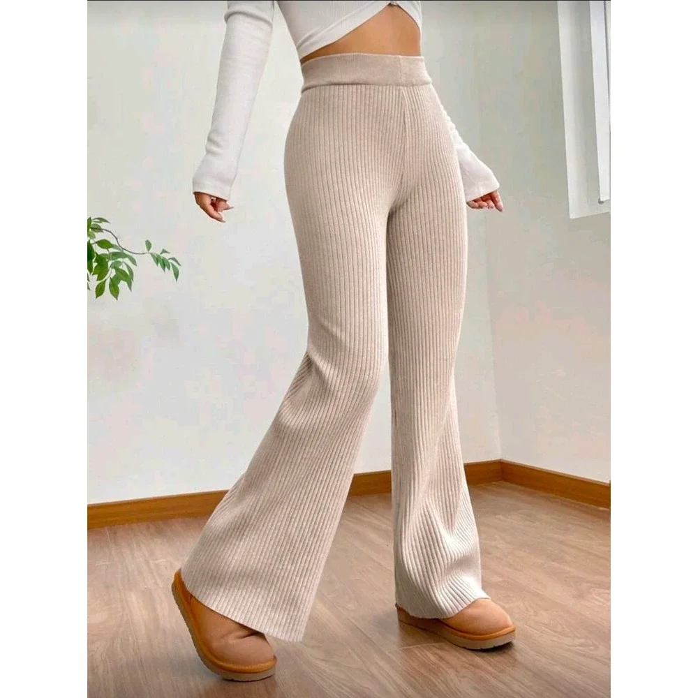 Womens Ribbed Knit Flare‎ Pants Beige High Waisted Wide Leg Casual Lounge