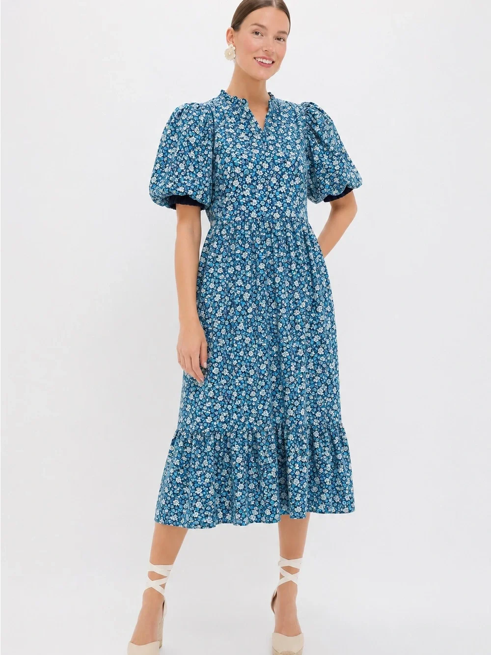 Tuckernuck Hyacinth House Blue Floral Puff Sleeve Midi Dress Size L