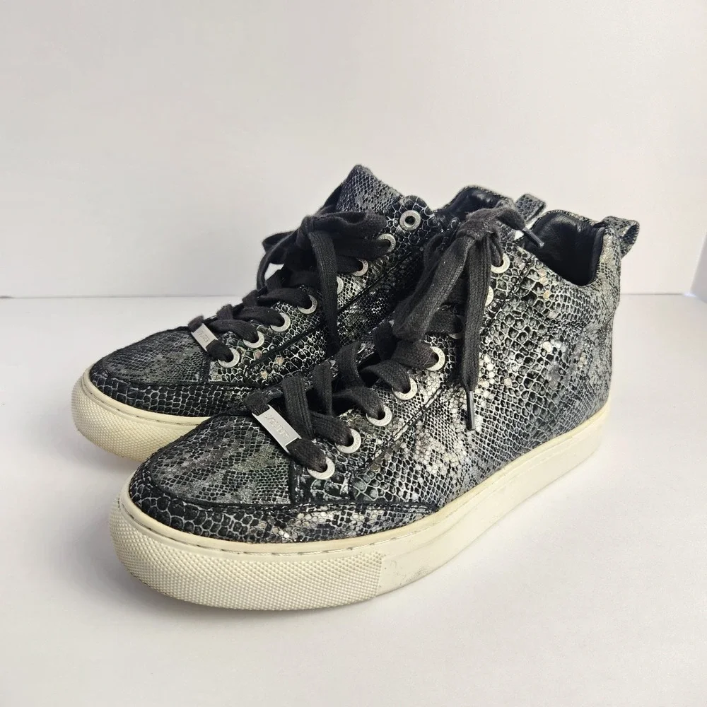 J/Slides Women's Snakeskin Print Lace-up Comfy Ankle Sneakers Black/Gray Size 6M