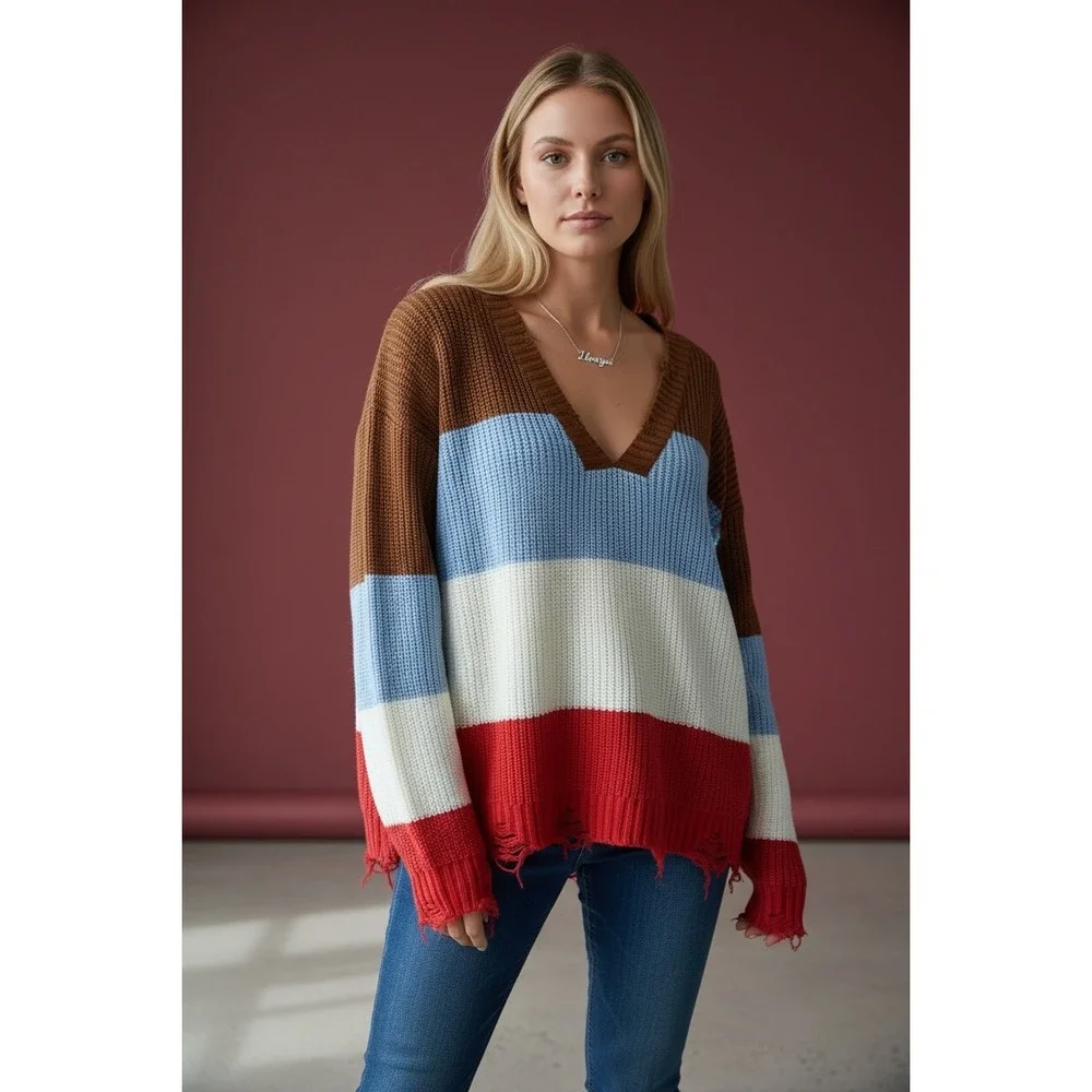 POL Striped V Neck Distressed Sweater‎ Size L Brown Blue White Red