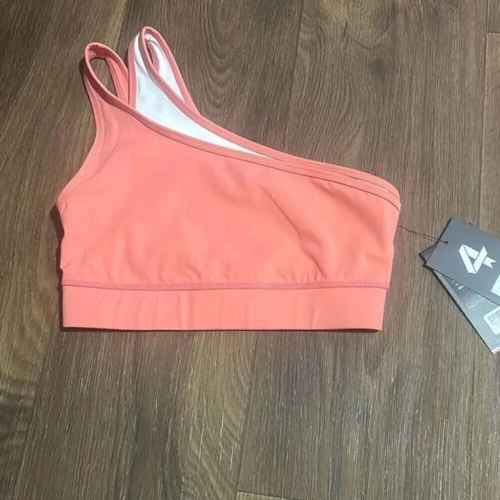 Fourlaps one shoulder coral sports bra workout double sided strap comfort runnin