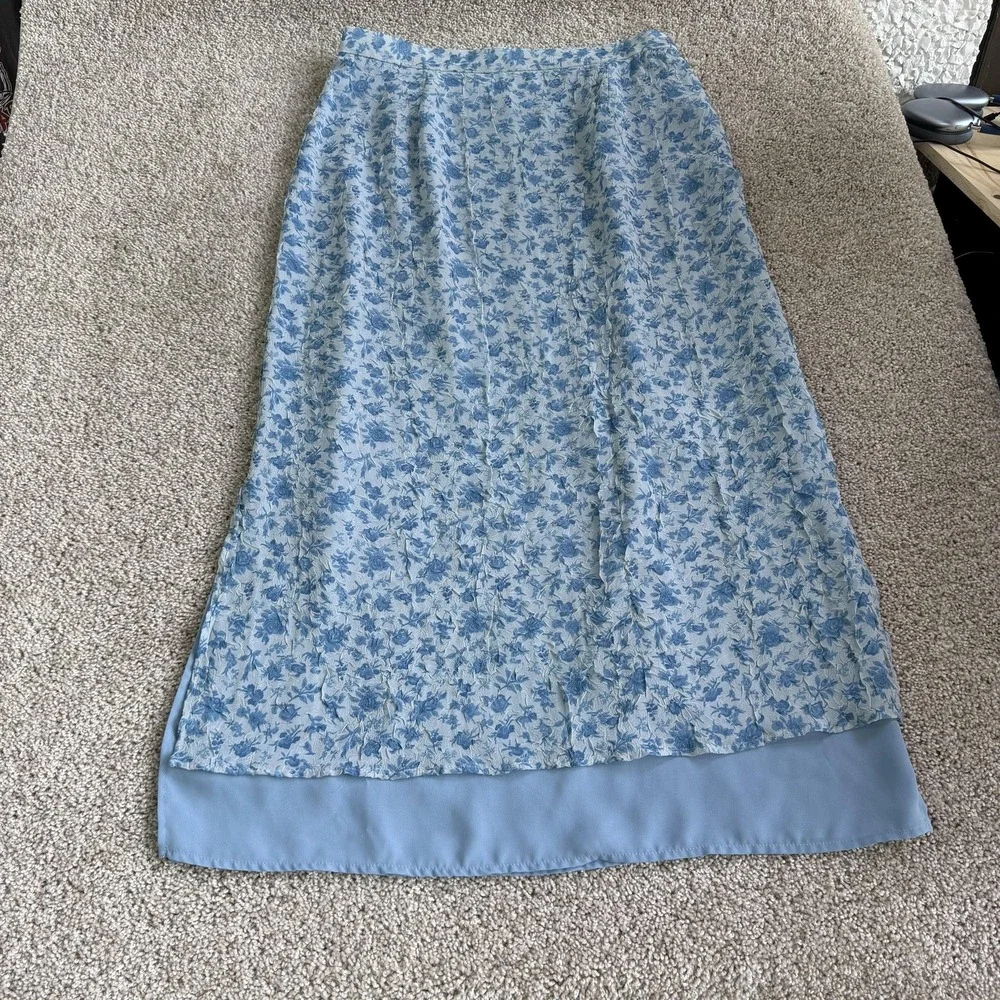 Vintage Samantha Taylor Skirt Womens 14 Blue Floral Chiffon Maxi Lined Zip