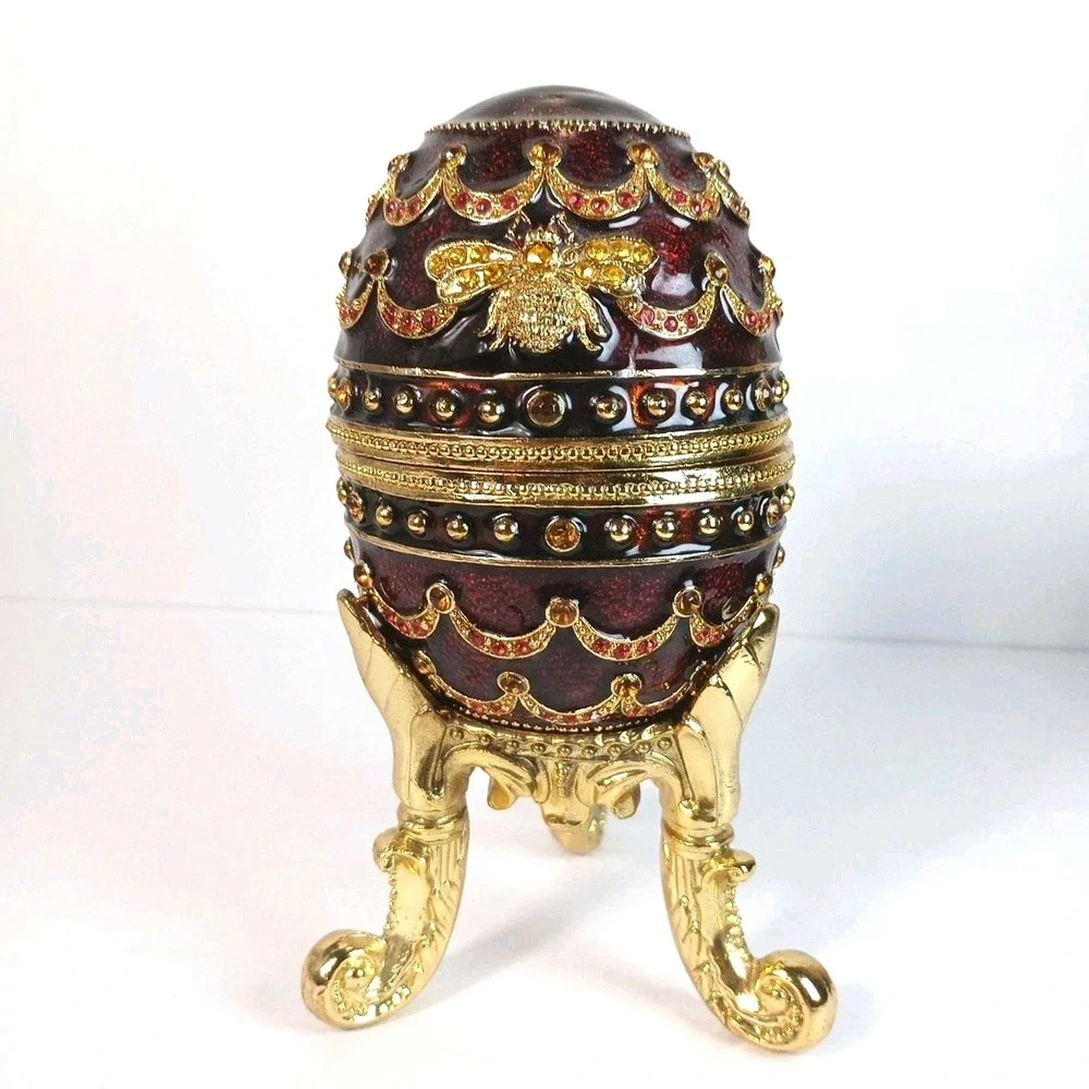 Fabergé Style Enameled Burgundy Trinket Music Nocturne Works 5.5