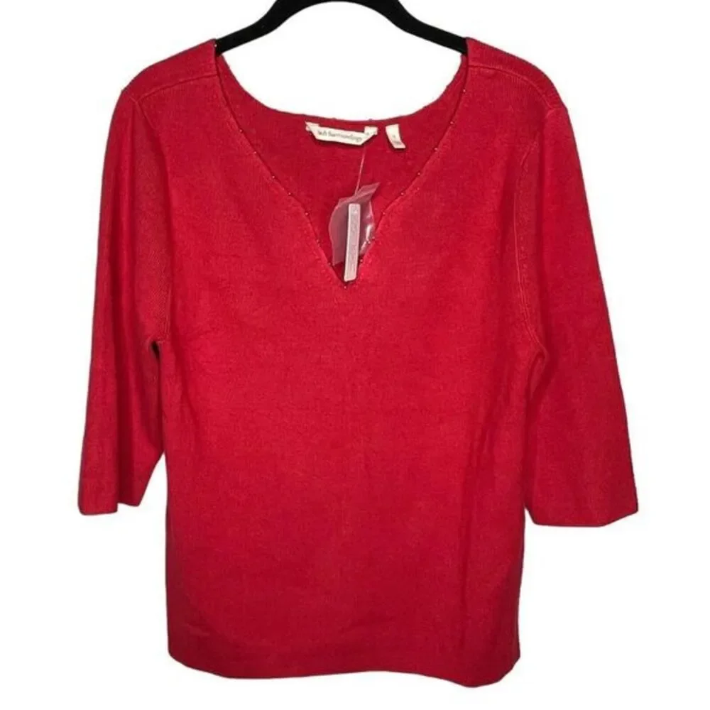 Soft Surroundings Red Knit Sweater Women's Large Embellished V-Neck‎ 3/4 Sleeve