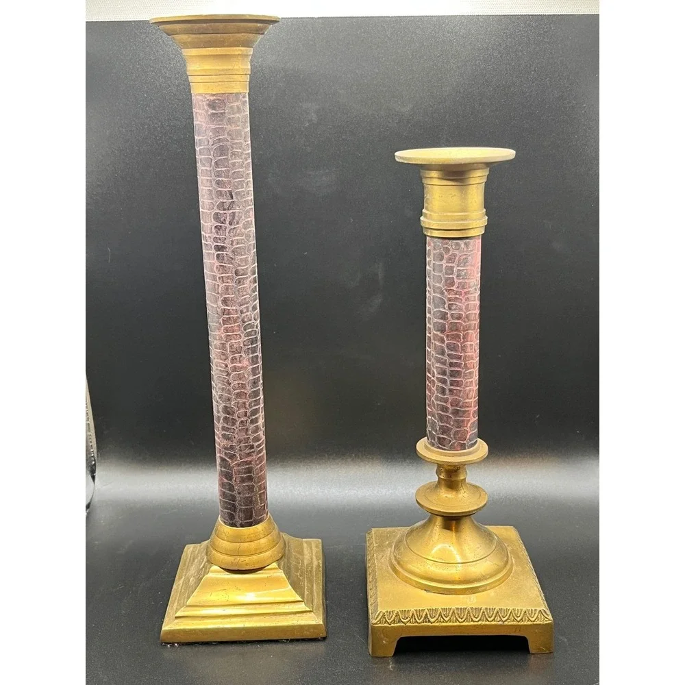 Brass Candlestick Holders Set of 2 Pillar Style Snake Skin Pattern Made in India