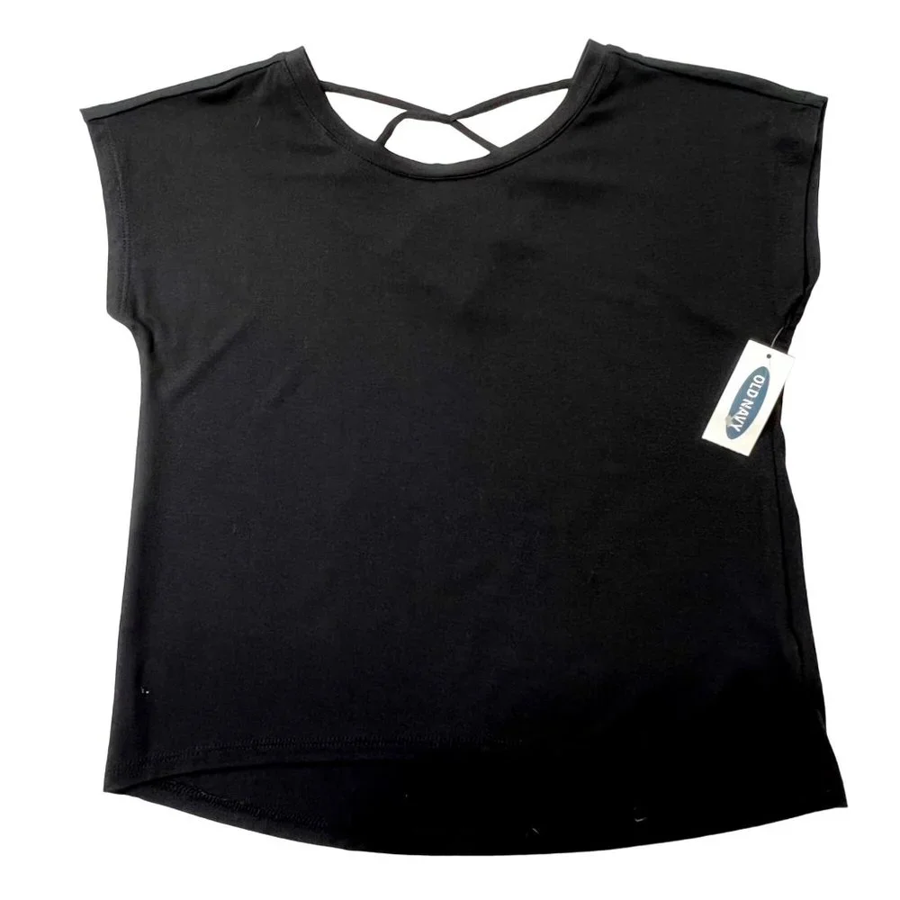 Old Navy Luxe Top Short Sleeve Lattice Back‎ Black Jack Girl’s XS