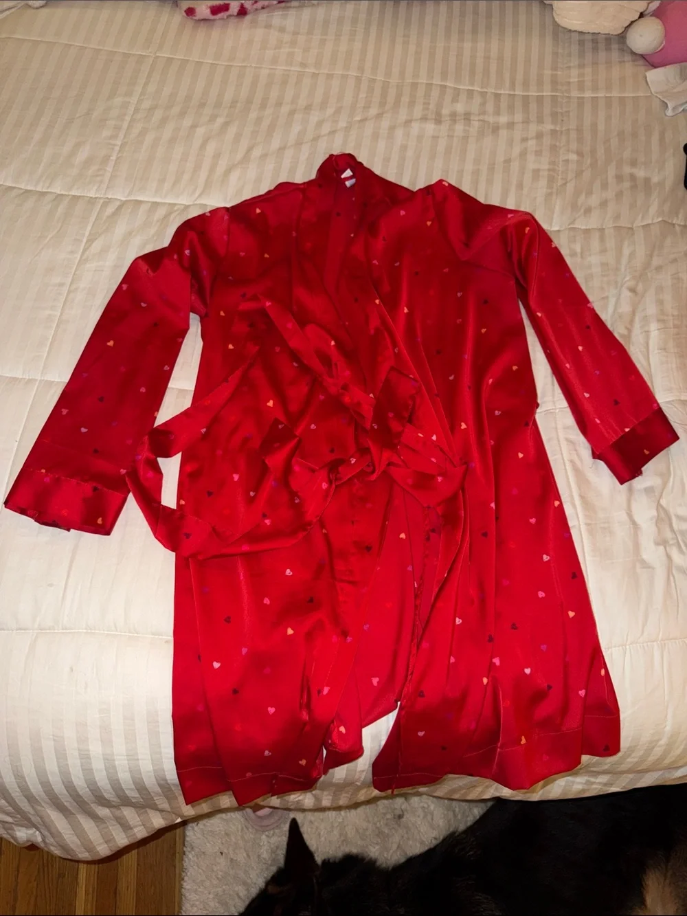 Red Satin Heart-Print Robe with Tie Waist
