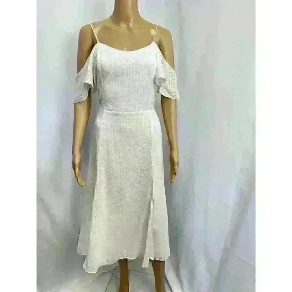Halston Women's Cold Shoulder Midi‎ A-Line Dress Ivory Sz. 8 100% Cotton 163258
