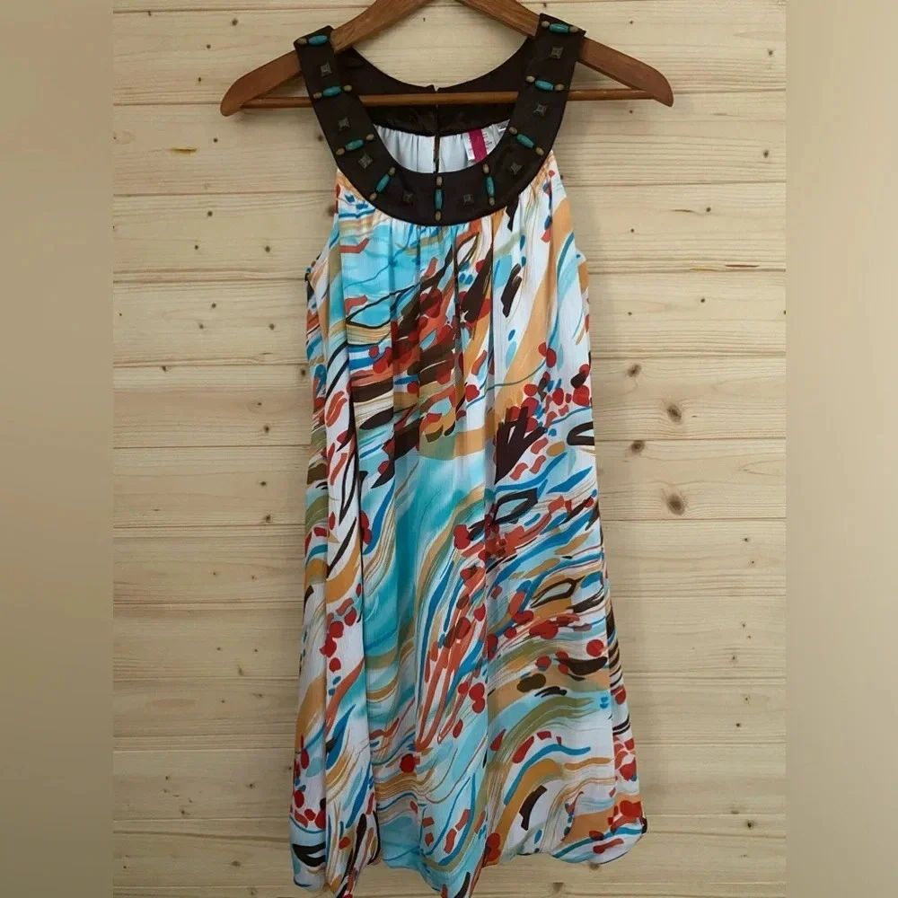 HEART SOUL Women's Small Multi-Watercolor Splash Beaded Collar Bubble Hem Dress