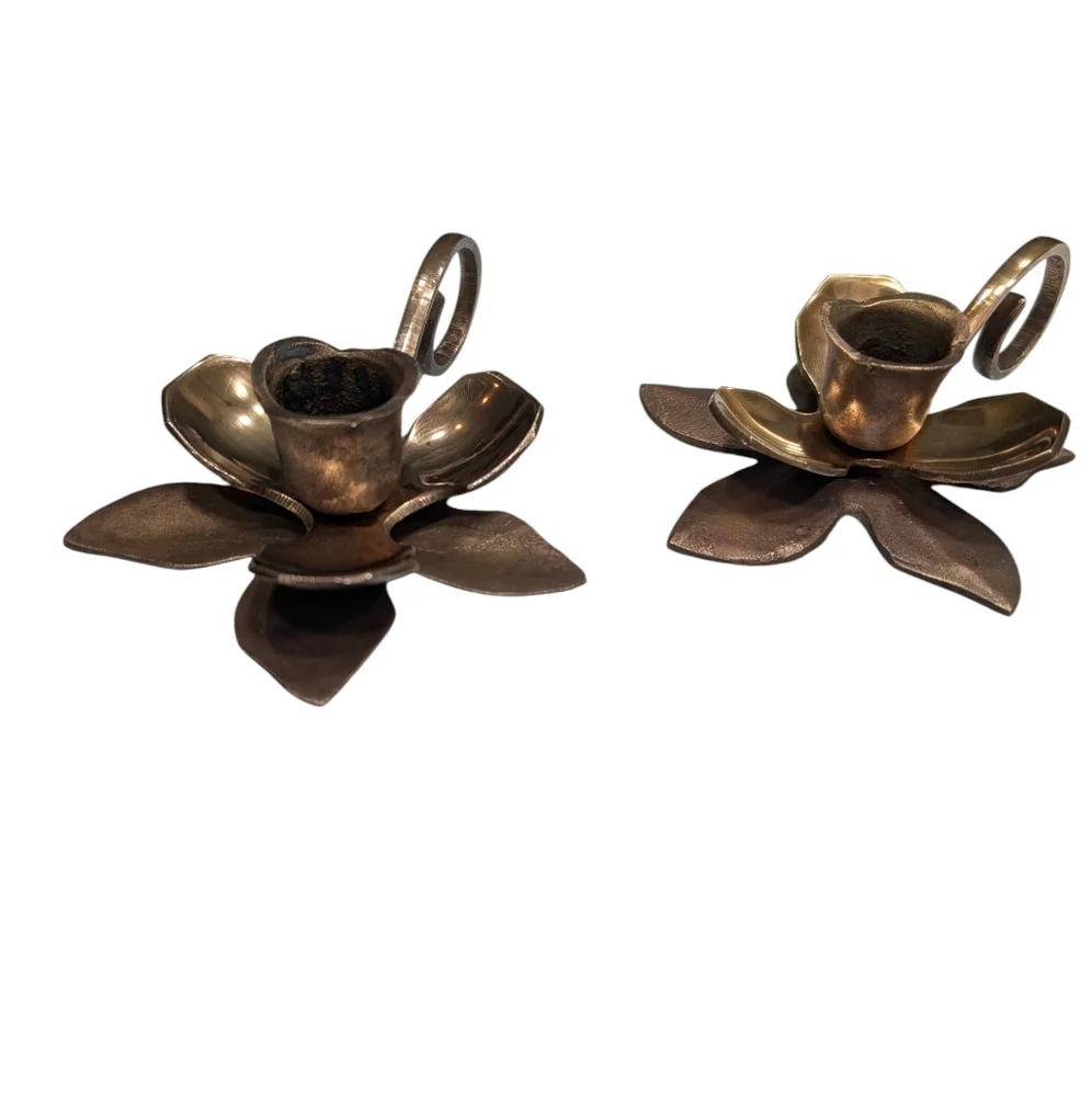 (2) Vintage Brass Lotus Rustic Chambersticks.
