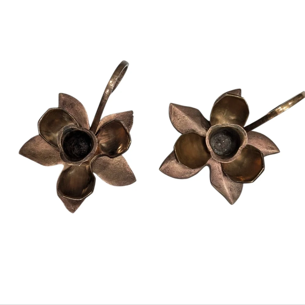 (2) Vintage Brass Lotus Rustic Chambersticks.