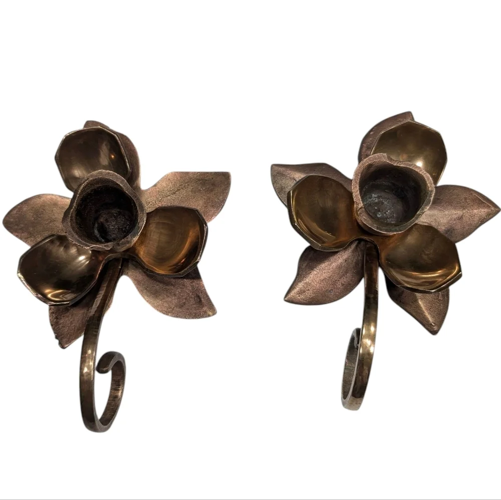 (2) Vintage Brass Lotus Rustic Chambersticks.