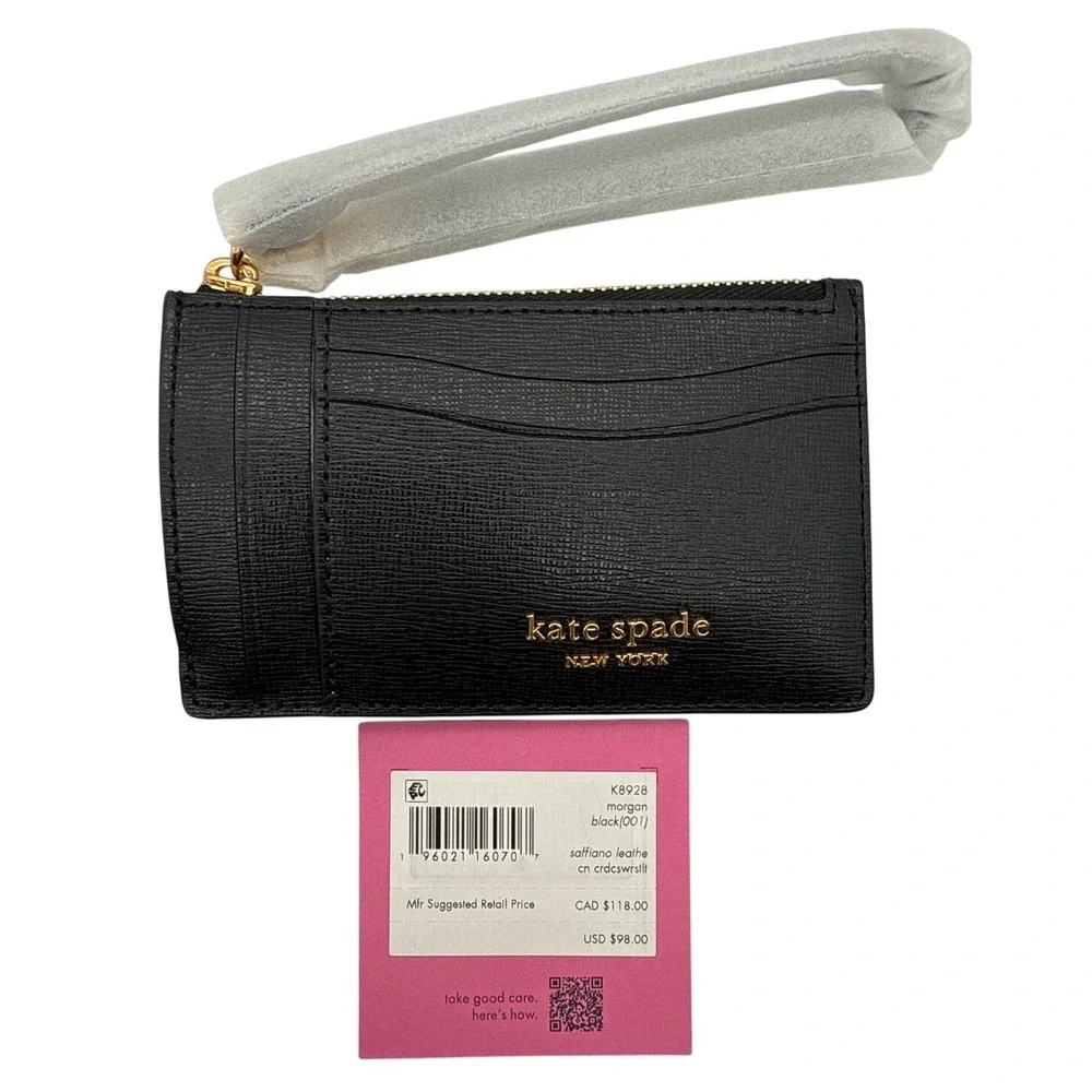 Kate Spade Morgan Card Case Wristlet Black Saffiano Leather K8928 New‎