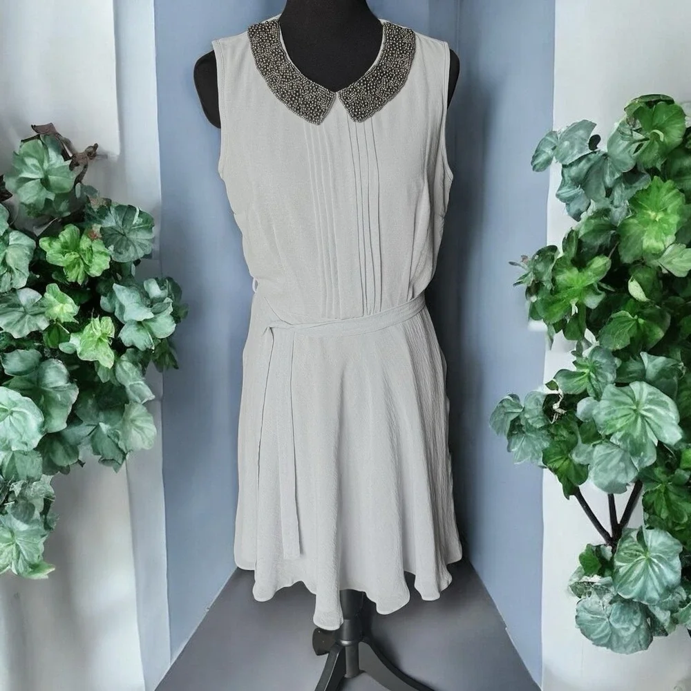 Dorothy Perkins NWT Beaded Collar‎ Chiffon Dress Grey UK 10 US 6 Cocktail