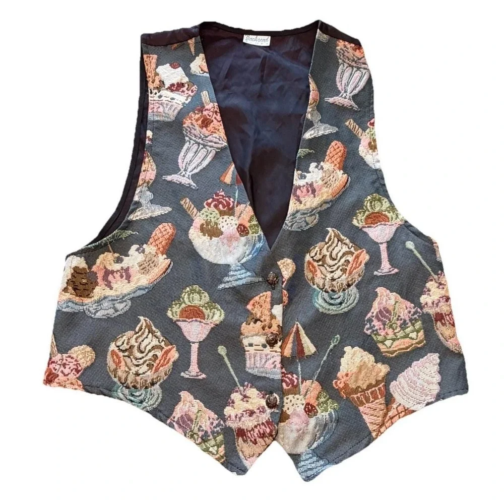 Vintage‎ Tapestry Vest Ice Cream Sundae Dessert Print Button Up Cottagecore Read