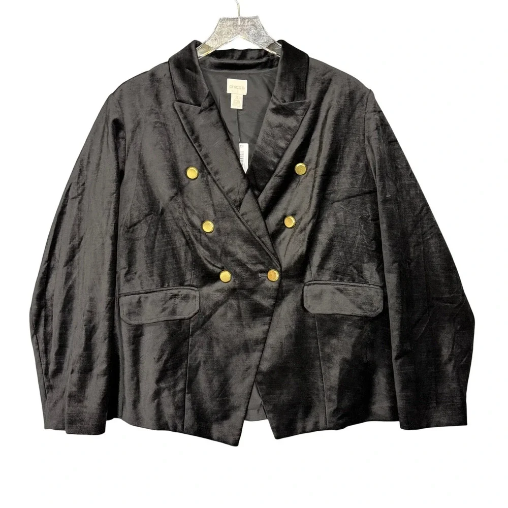 Chicos Blazer 3 Womens 16 Black Velvet Velour‎ Double Breasted Gold Button NWT