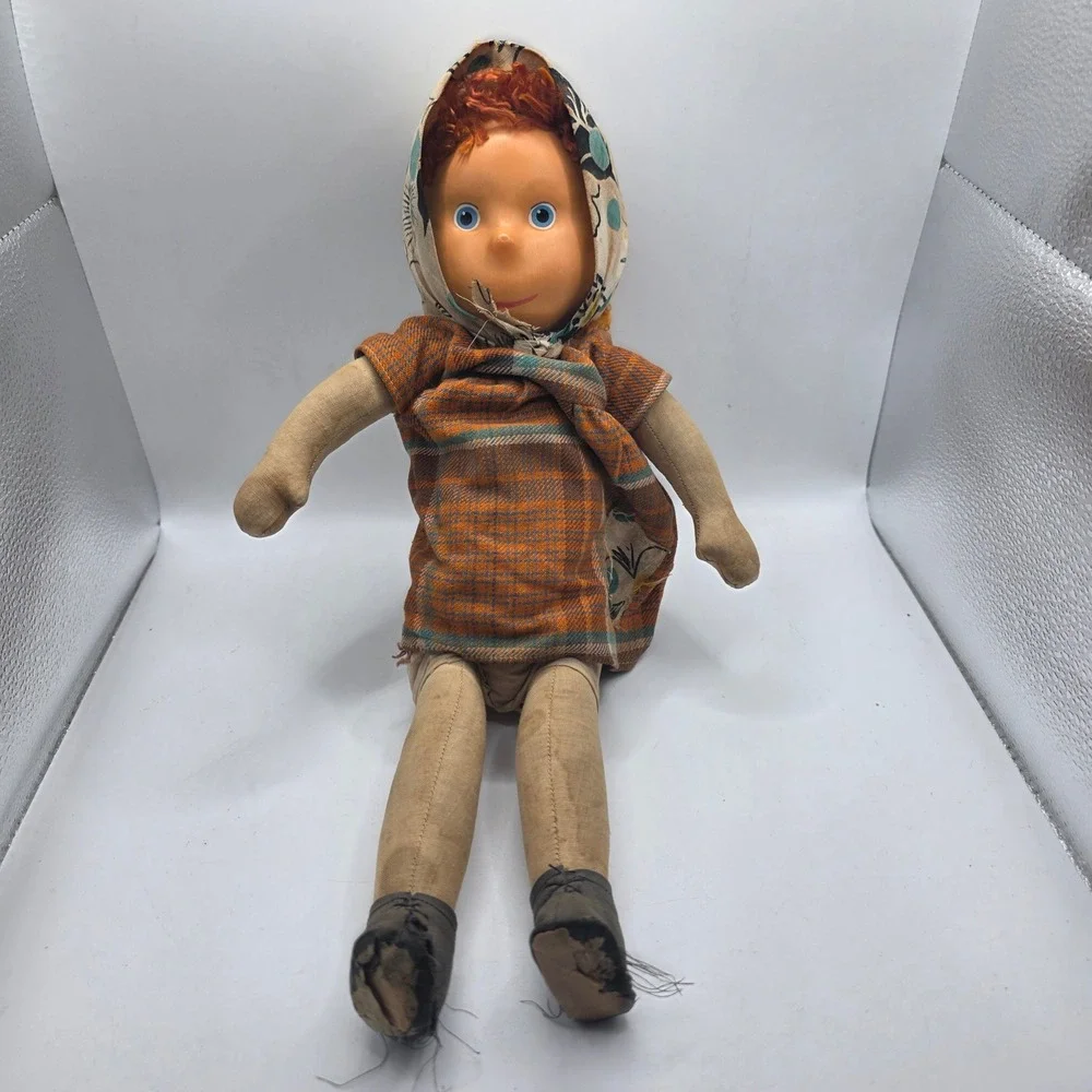 Old Cloth Doll Mask Face Red Yarn Hair Plaid Dress Bonnet Primitive Doll As Is