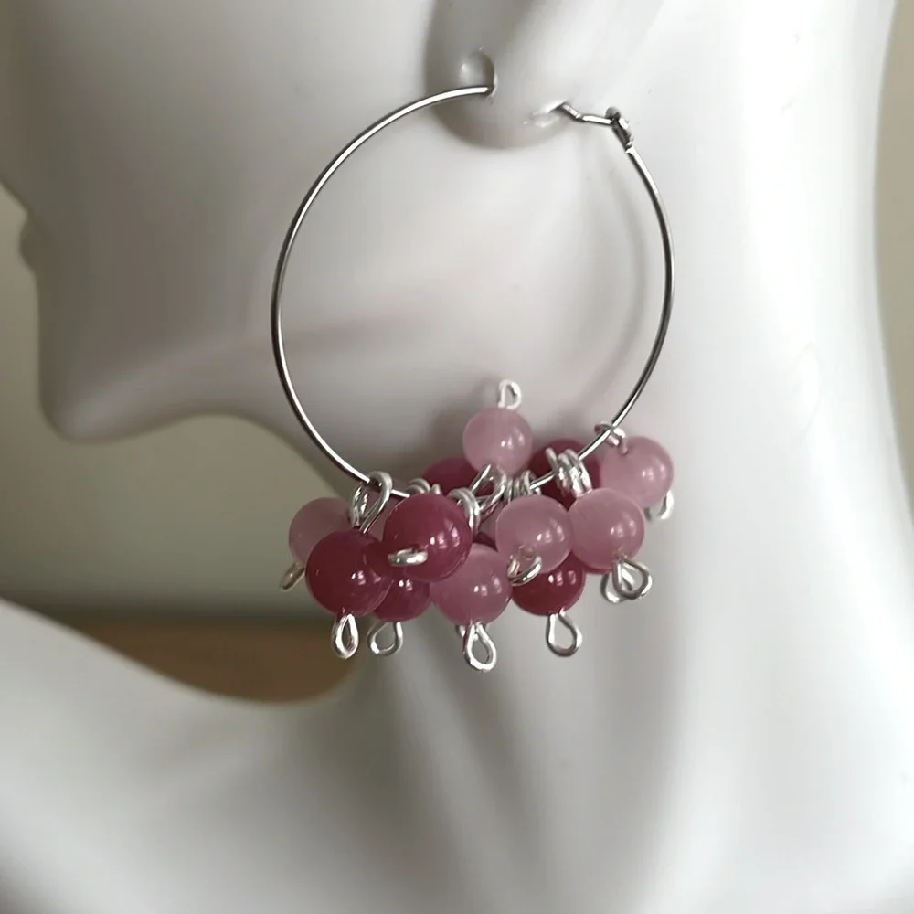 HAND CRAFTED CHA-CHA HOOP EARRINGS Magenta Pink Bonbon Bubble Cluster Wires