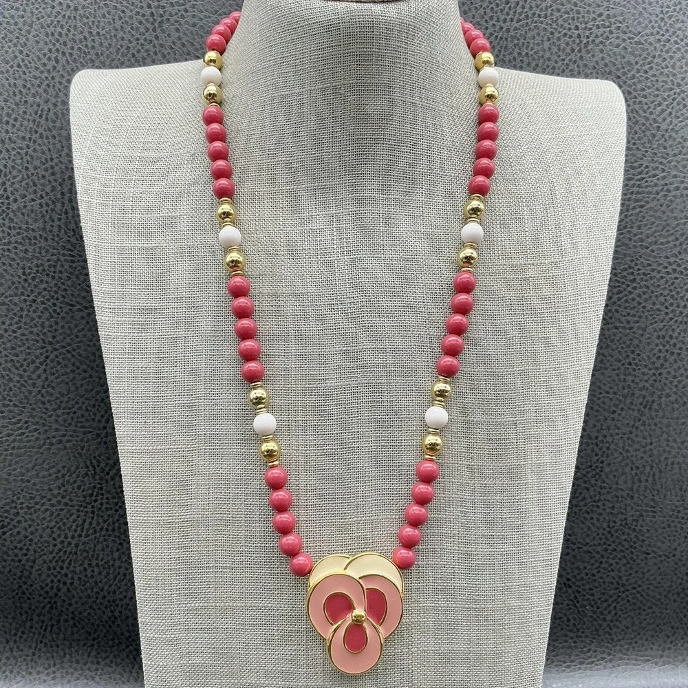 Napier Necklace Pink Beaded Flower Pendant‎ Gold Tone 22 In Womens Statement