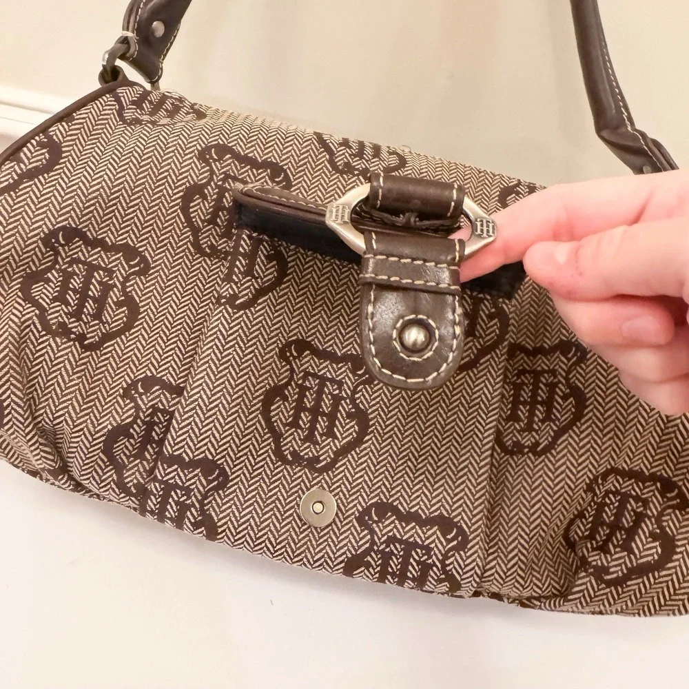 Vtg‎ Y2K Tommy Hilfiger Logo Brown Purse Shoulder Bag Fall Herringbone EUC