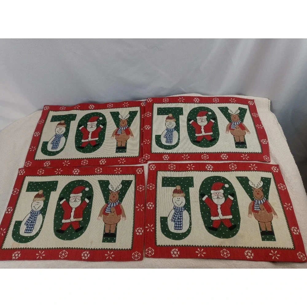Holiday JOY Placemats Set of 4 Snowman‎ Santa Reindeer Christmas Decor