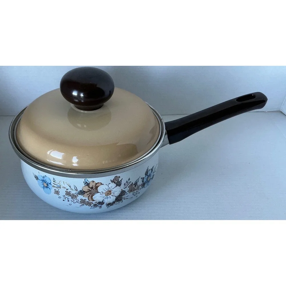Vintage Enamelware Saucepan Floral‎ Pot with Lid Blue Brown White 1.5qt
