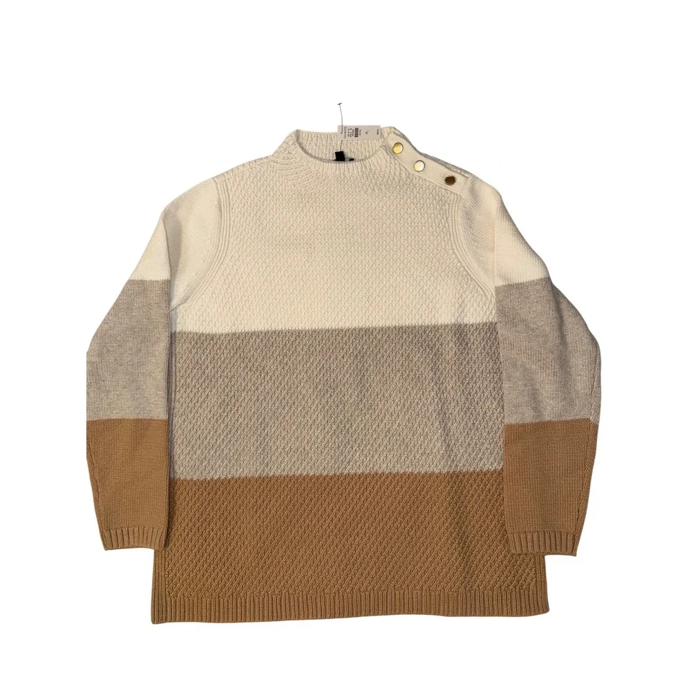 Talbots Petite Large‎ Colorblock Sweater Cream Grey Camel Gold Button NEW