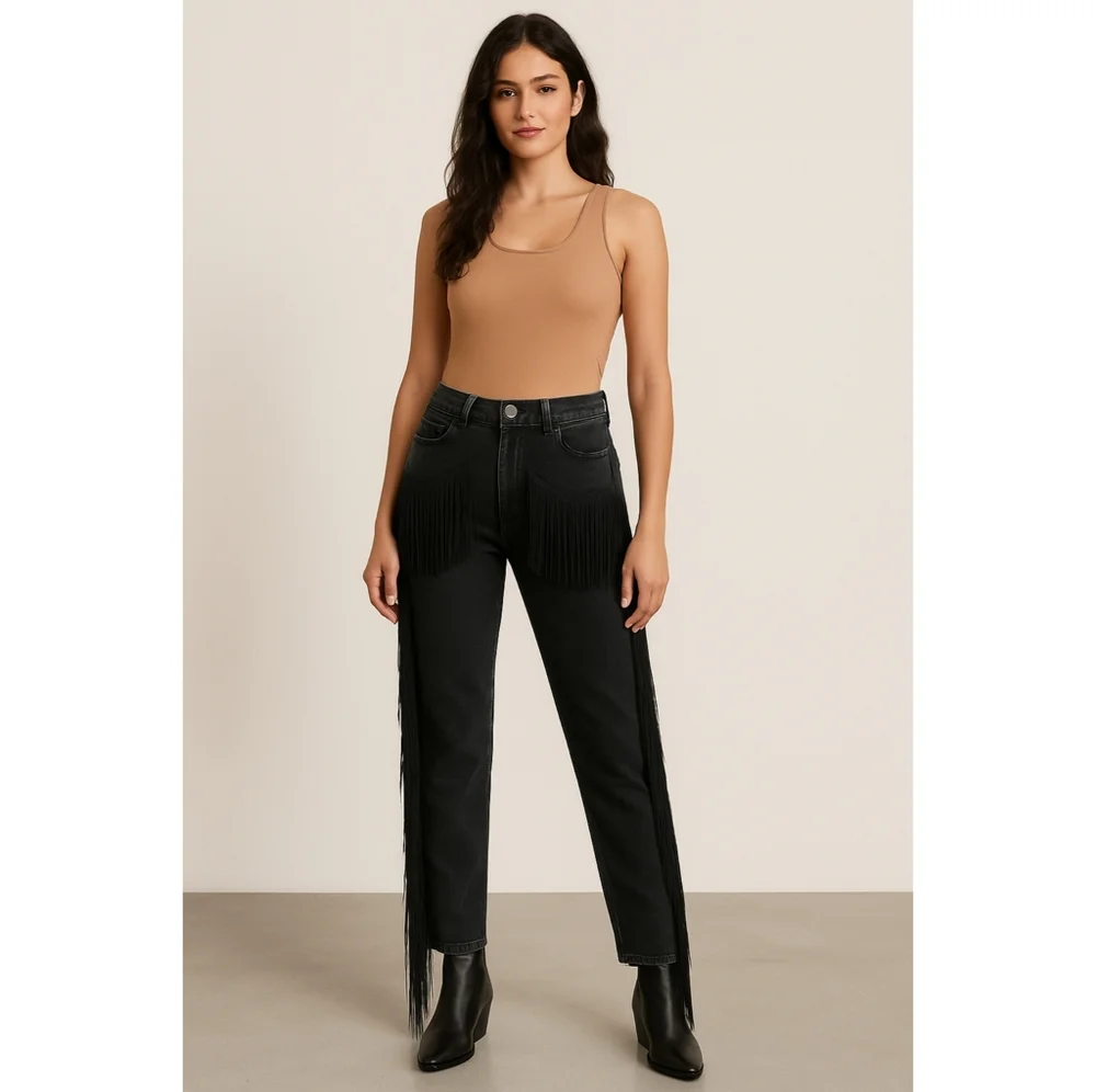 NWT Blue B Fringe Womens High Rise Straight Leg Black Denim Jeans Pants Size L