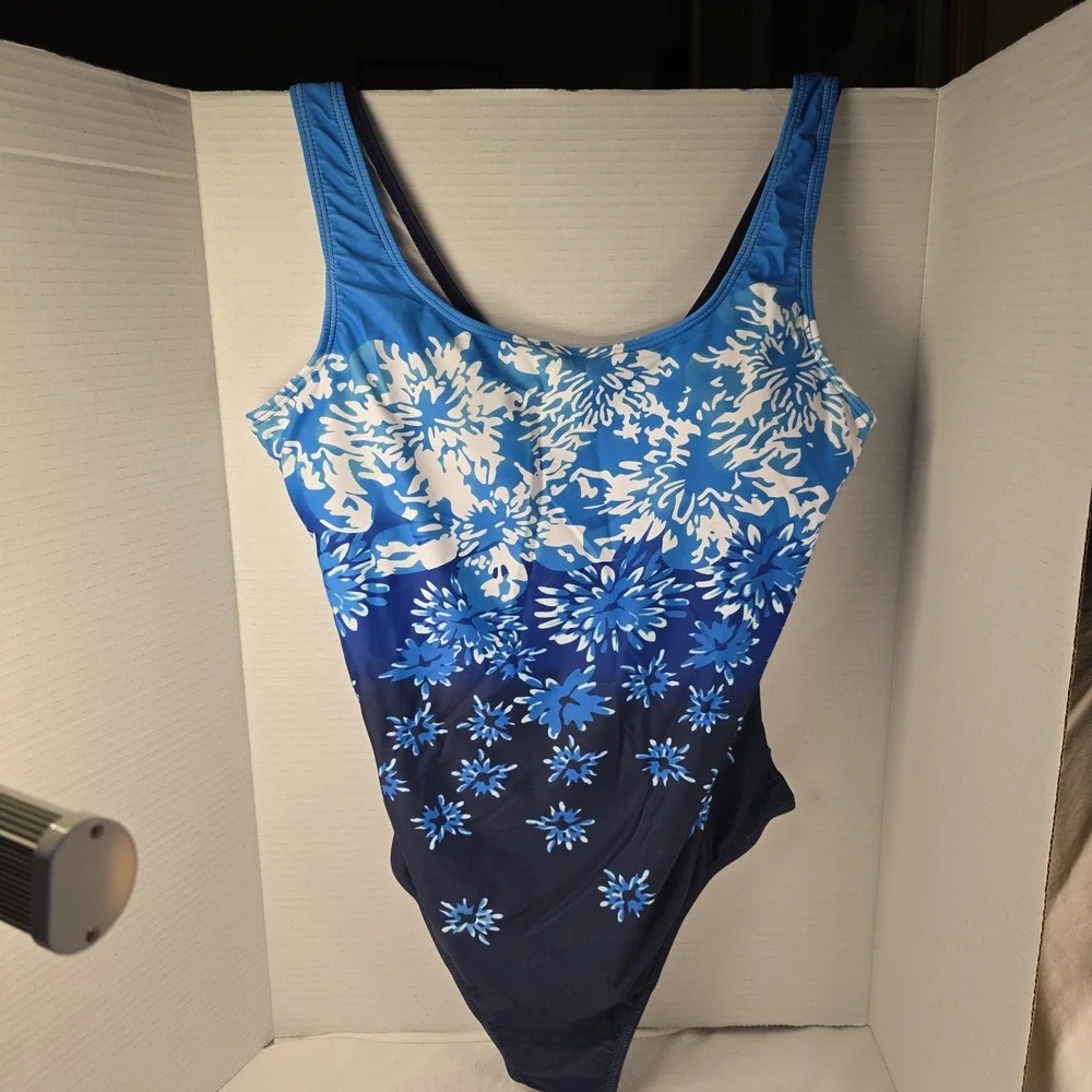 Blue & White Floral Lined One‎ Piece Swimsuit Womens Size XL NWOT