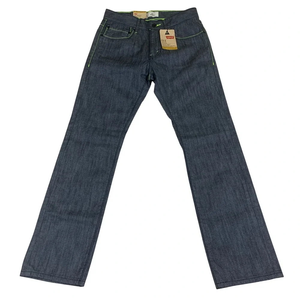 Levis 511‎ Skinny Fit Coated Indigo Neon Green Stitch Jeans 16 Reg 28x28 NEW