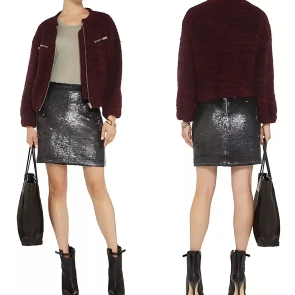 IRO Colinne Shimmer Sequin Metallic‎ Black W/Red Side Stripe Lined Mini Skirt 2