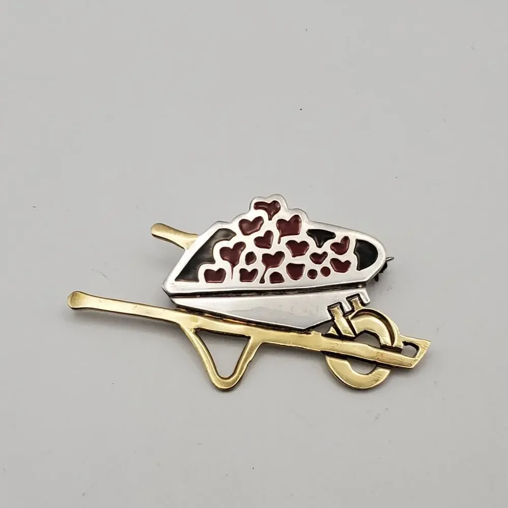 Vintage Sterling Silver Brass Wheelbarrow with Red Enamel Hearts Brooch Pin