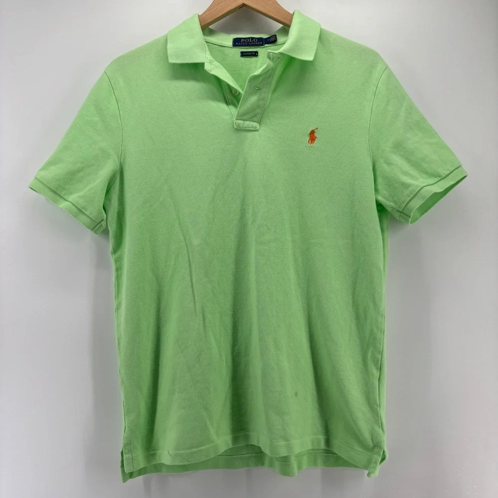 Polo Ralph Lauren Polo Shirt Mens M Green Classic Fit Short Sleeve Orange Pony