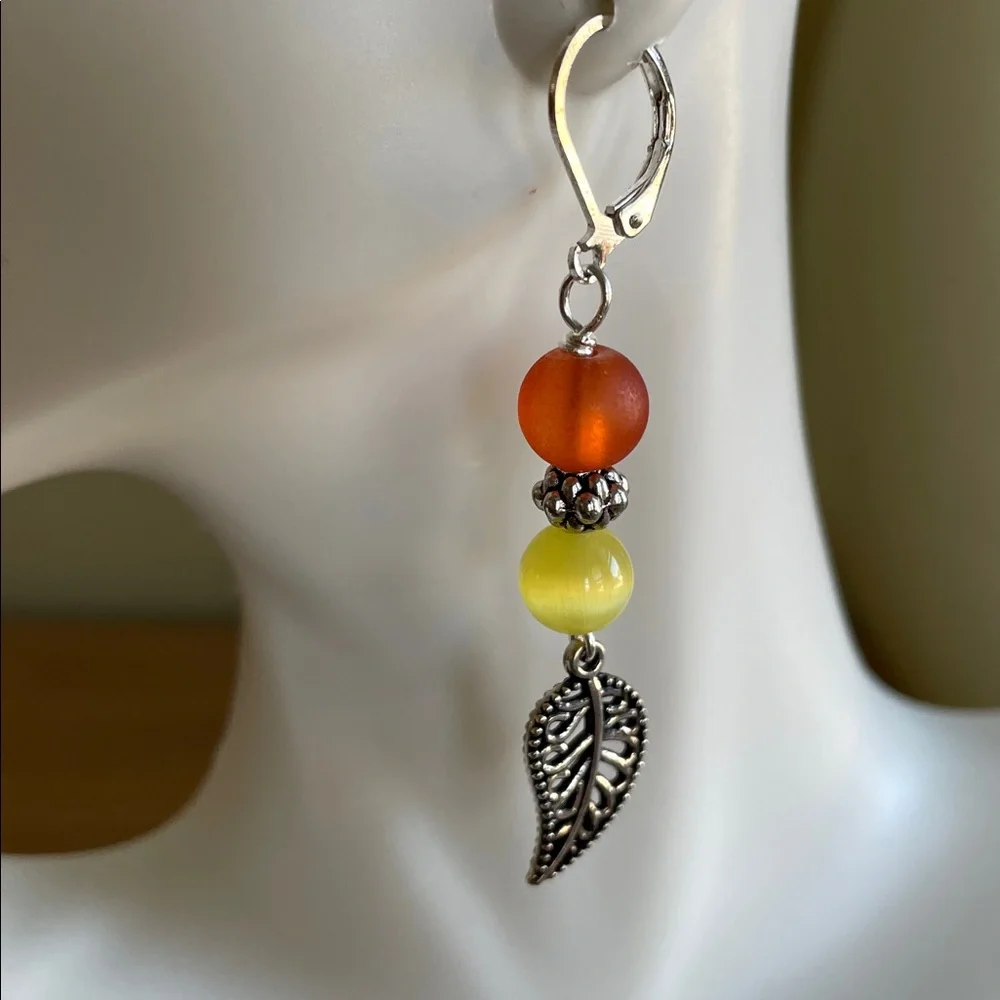HAND CRAFTED BEAD & LEAF DANGLE EARRINGS Orange Yellow Fall Fashion Jewelry