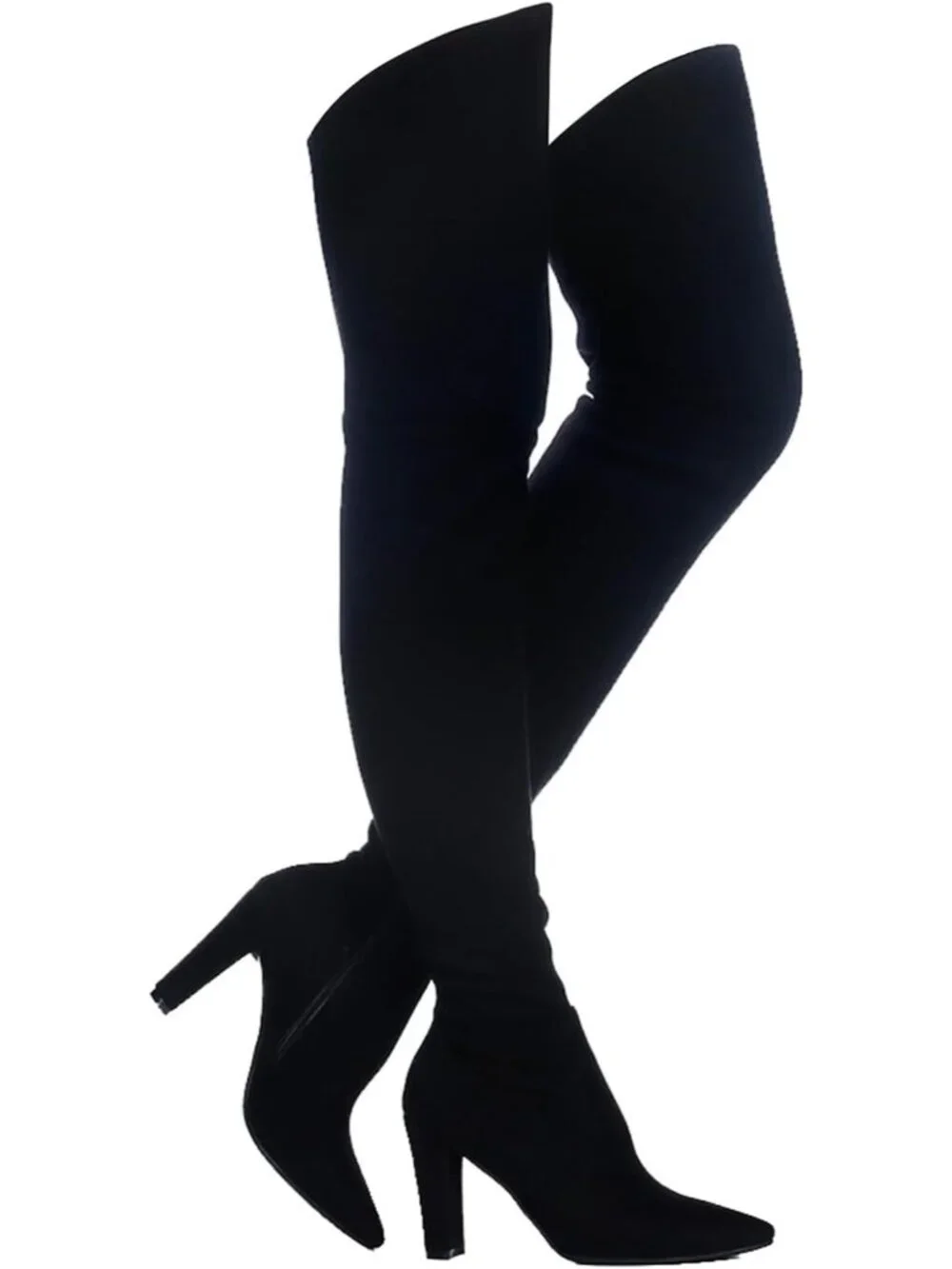 Women's Black Suede Stretch Chunky Heel Over Shaft Length Knee Boots Thigh High