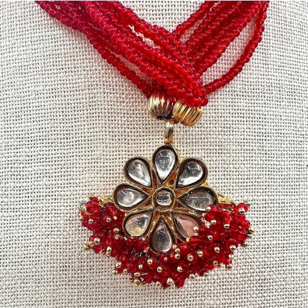 Vintage Gold Tone Multi Strand‎ Red Seed Bead Kundan Pendant Statement Necklace