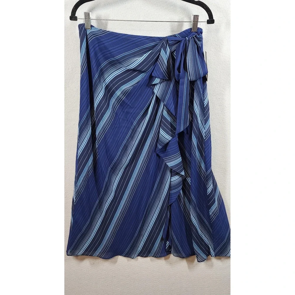 Lauren Ralph Lauren Skirt Womens 4‎ Blue Striped Ruffle Wrap Midi Polyester New