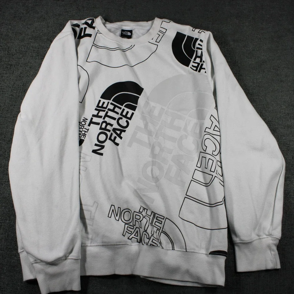 The North Face Mens Large White Multi Logo Graphic‎ Crewneck Sweatshirt Fleece