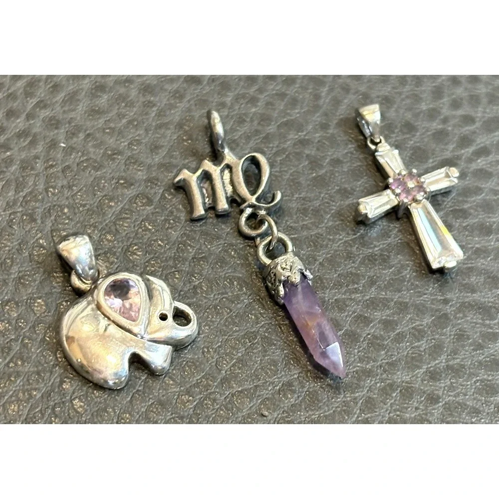 Set Of 3 Silver Tone Pendants 1 Sterling Cross 1 Avon Elephant Amethyst CZ