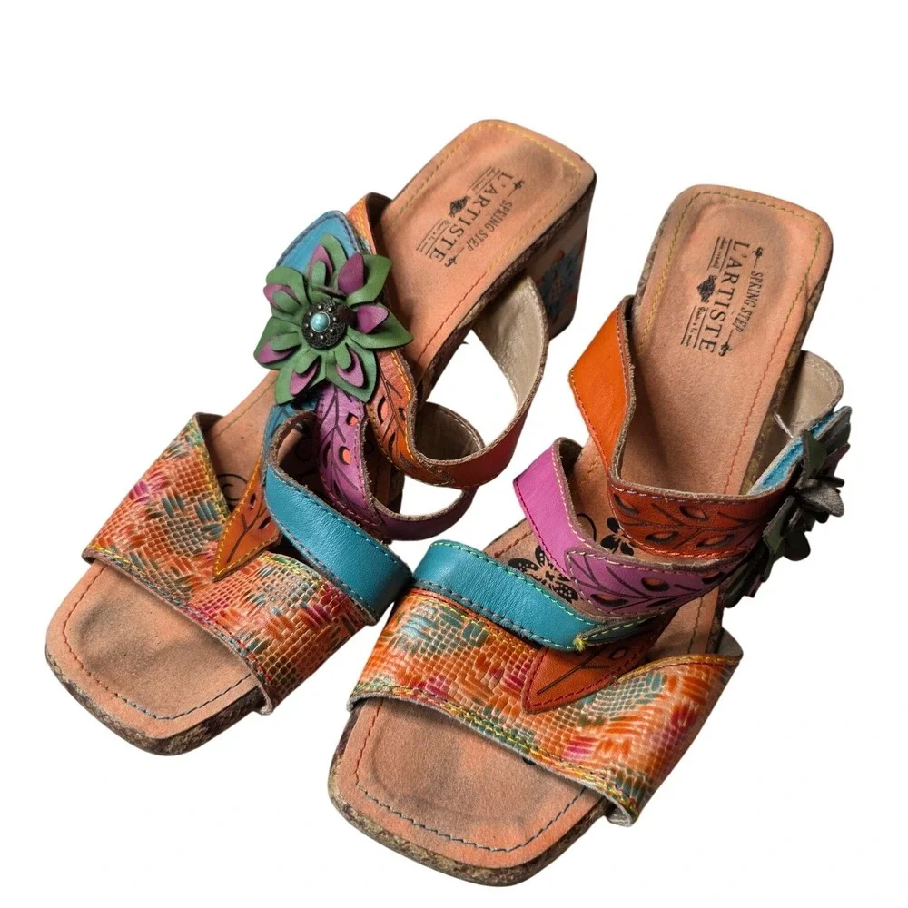 Spring‎ Step LArtiste Leather Floral Slide Sandals Block Heel Women size 40 F1