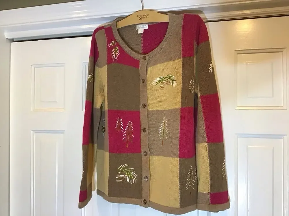 Christopher&Banks Fall Patchwork Embroidery Artsy Whimsy Cardigan L Grandmacore